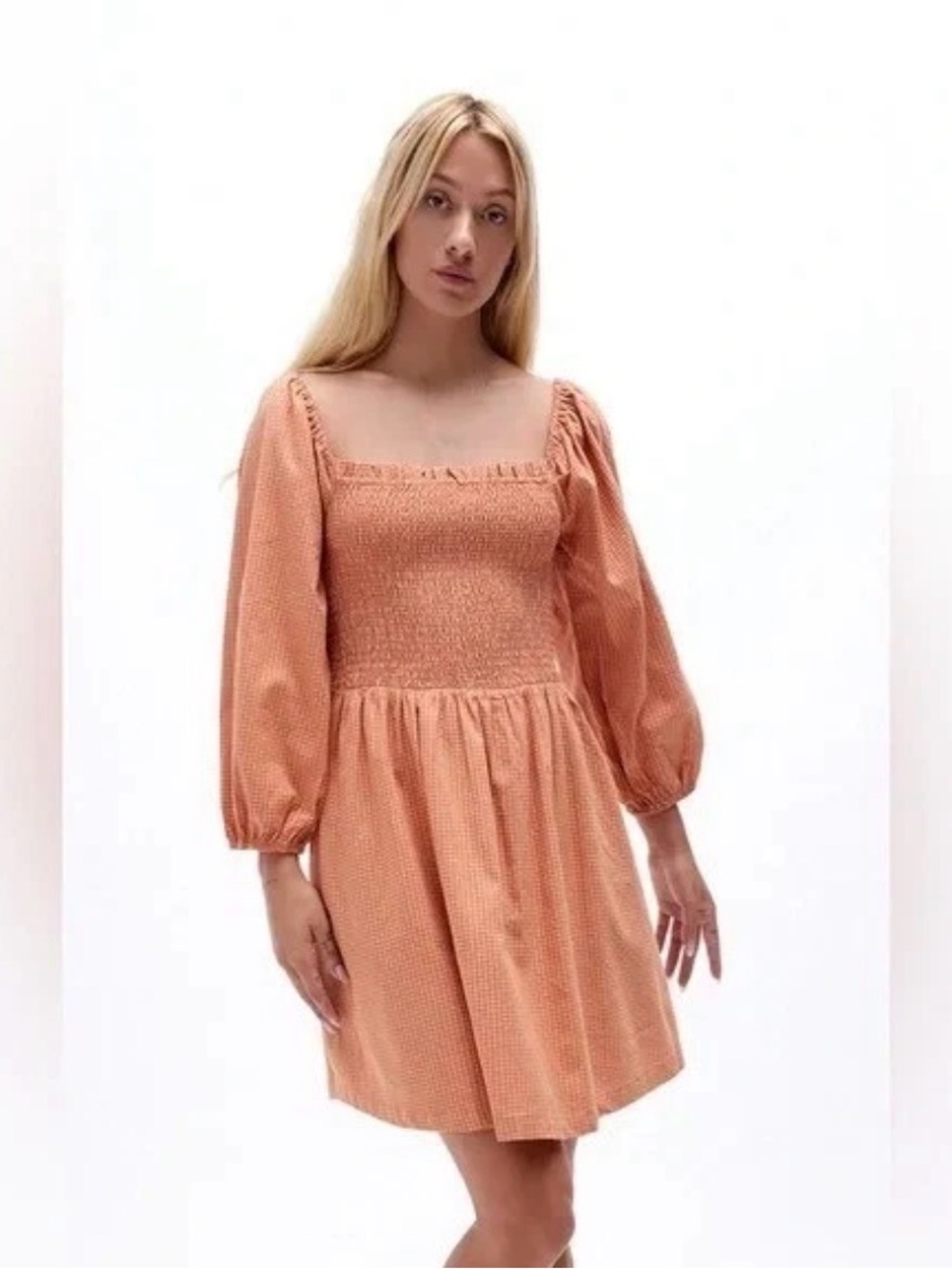 Lost + Wander Peach Smocked Square-Neck Mini Dress